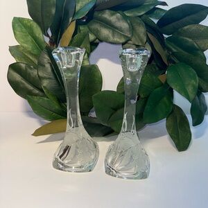 🇵🇱 Irena Poland 24% Lead Crystal 10" Candlestick Holder Pair - Etched Orchid